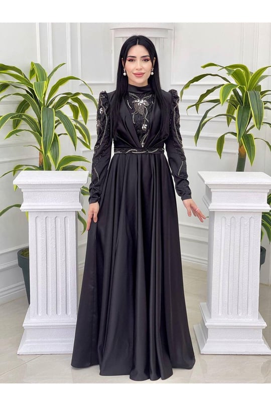 Kolları Taş İşleme Tam Tur Abiye 2015 Siyah