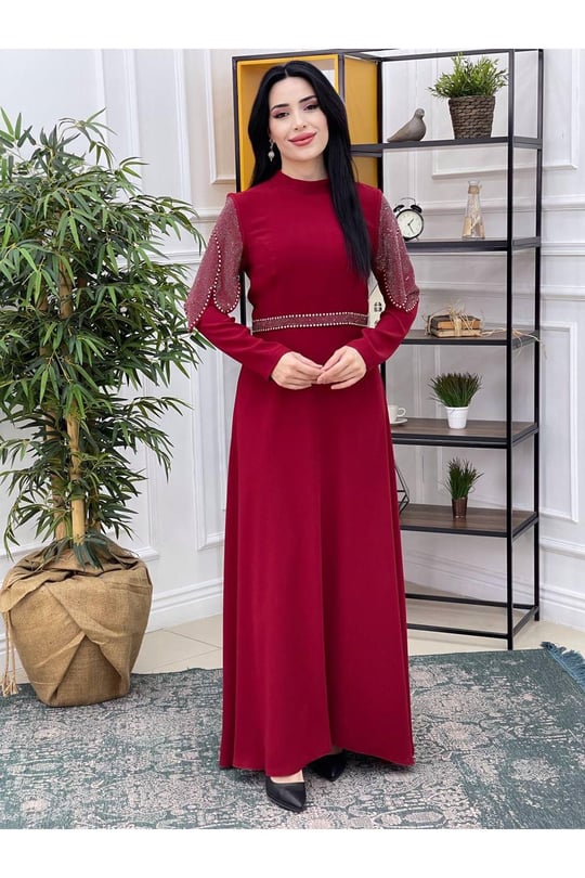 Kolu Taş Kapak Elbise 3710 Kırmızı