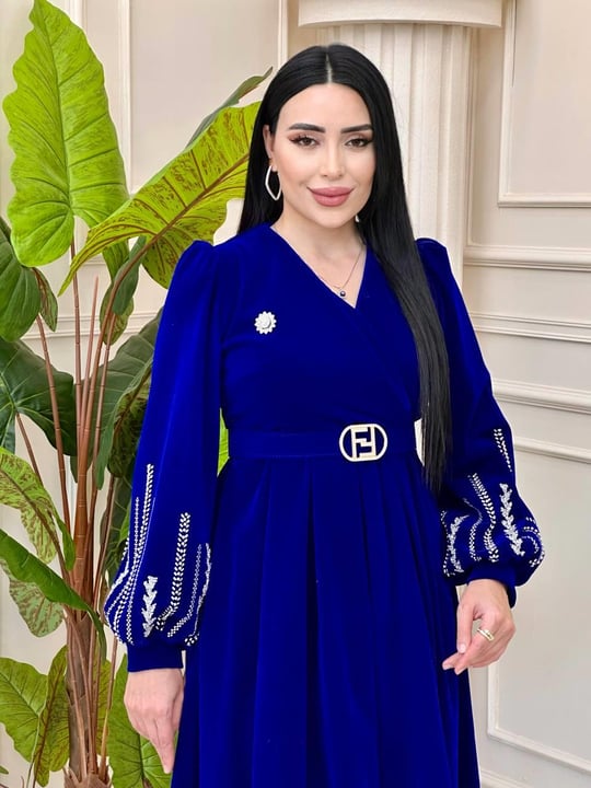 Kolu Taşlı Kadife Elbise 0226 t-24 Saks