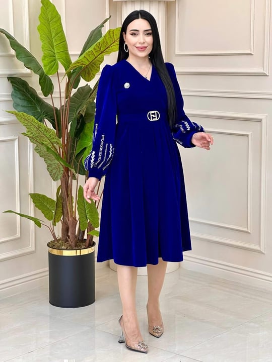 Kolu Taşlı Kadife Elbise 0226 t-24 Saks