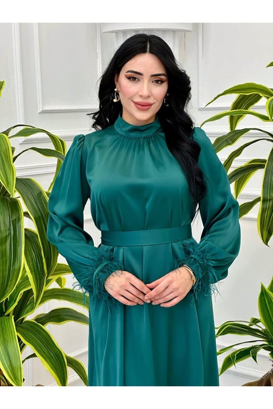 Kolu Tüylü Saten Elbise 9137 Yeşil
