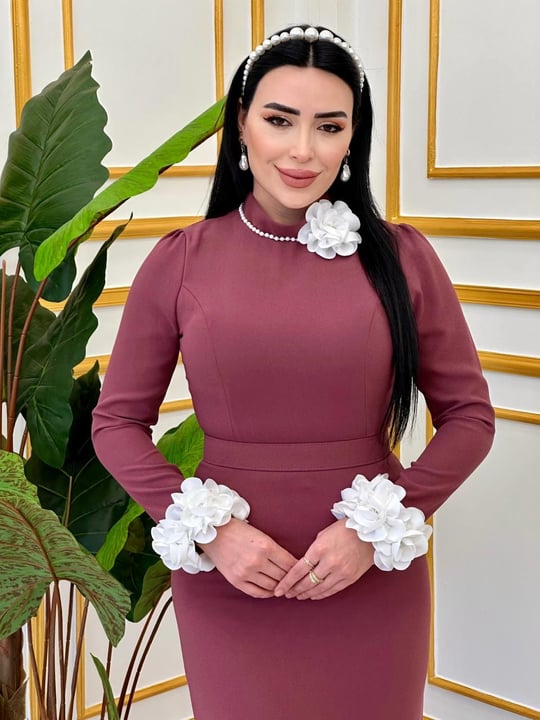 Kolu Ucu Çiçek Krep Elbise 4663 T-25 Rose