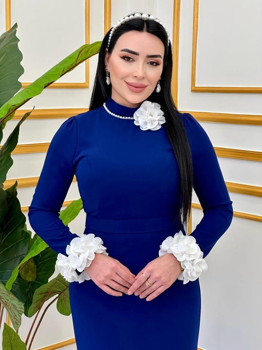 Kolu Ucu Çiçek Krep Elbise 4663 T-25 Saks