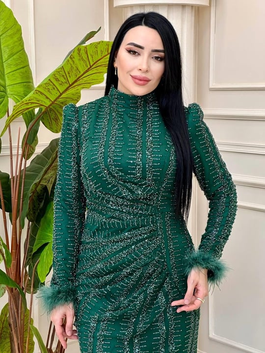 Kolucu Tüy Büzğü İşleme Abiye 4952 t-24 Zümrüt Yeşil