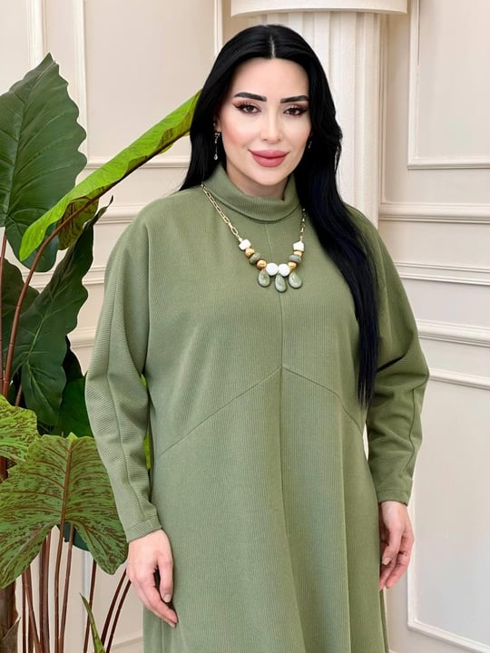 Kolyeli Yarasa Kol Örme Elbise 1476 t-24 Haki