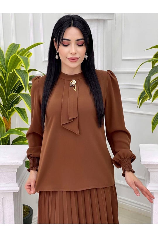 Kravatlı Pilise Etekli Takım 1210 Kahverengi