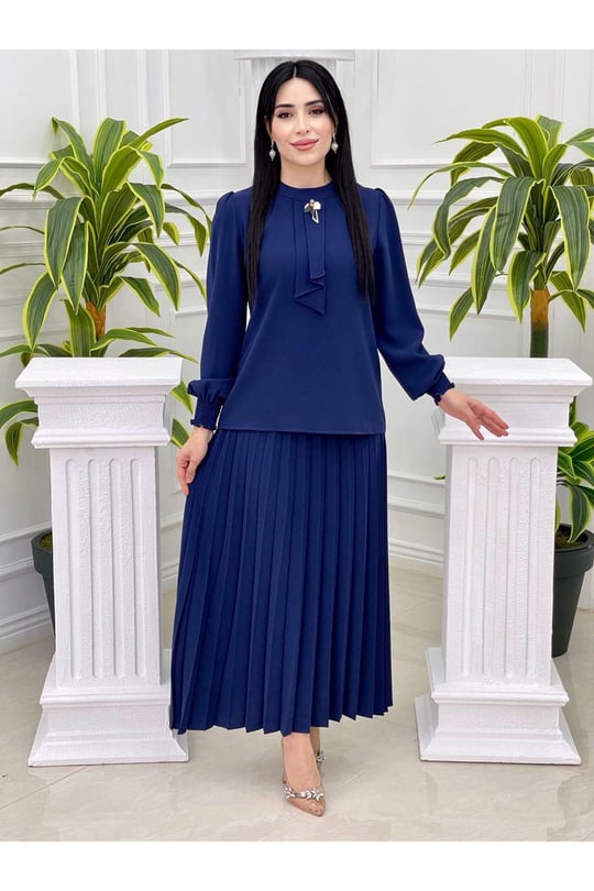 Kravatlı Pilise Etekli Takım 1210 Saks