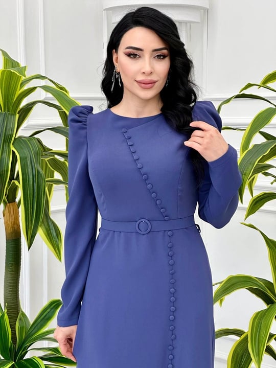Krep Önü Düğmeli Elbise 4355 T-24 İndigo