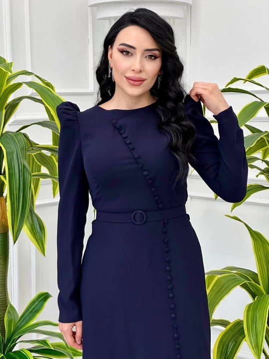 Krep Önü Düğmeli Elbise 4355 T-24 Lacivert