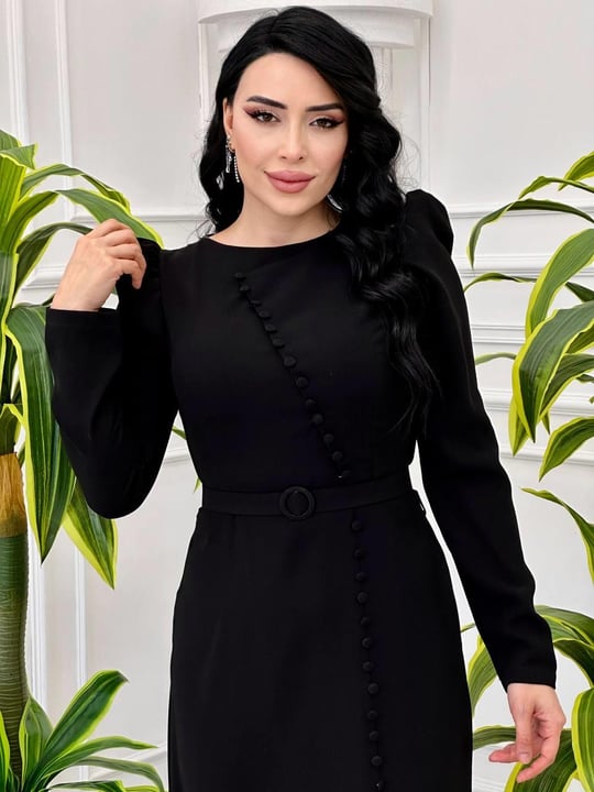 Krep Önü Düğmeli Elbise 4355 T-24 Siyah