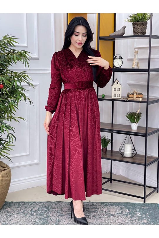 Kruvaze Baskı Kadife Elbise 1249 Bordo