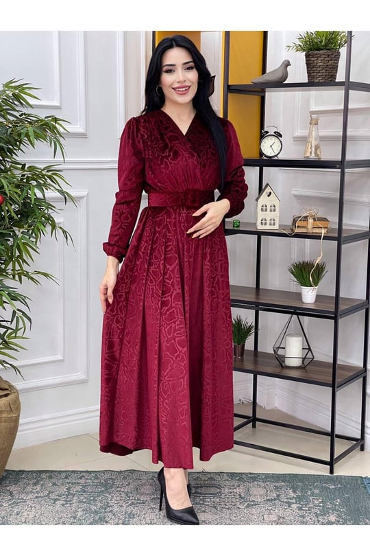 Kruvaze Baskı Kadife Elbise 1249 Bordo