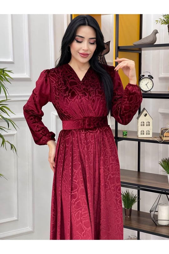 Kruvaze Baskı Kadife Elbise 1249 Bordo