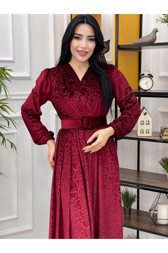 Kruvaze Baskı Kadife Elbise 1249 Bordo