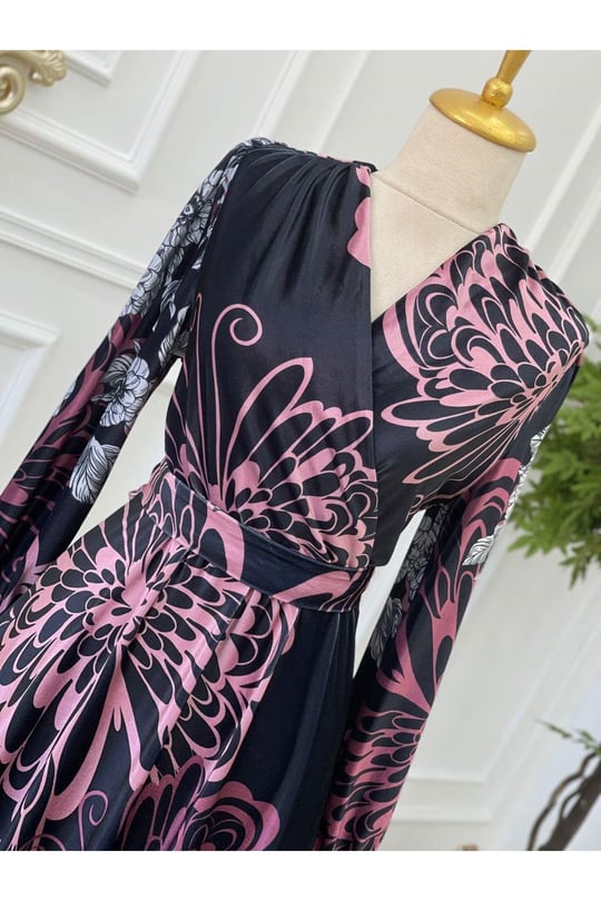 Kruvaze Desenli Kadife Elbise 3813 Siyah Rose