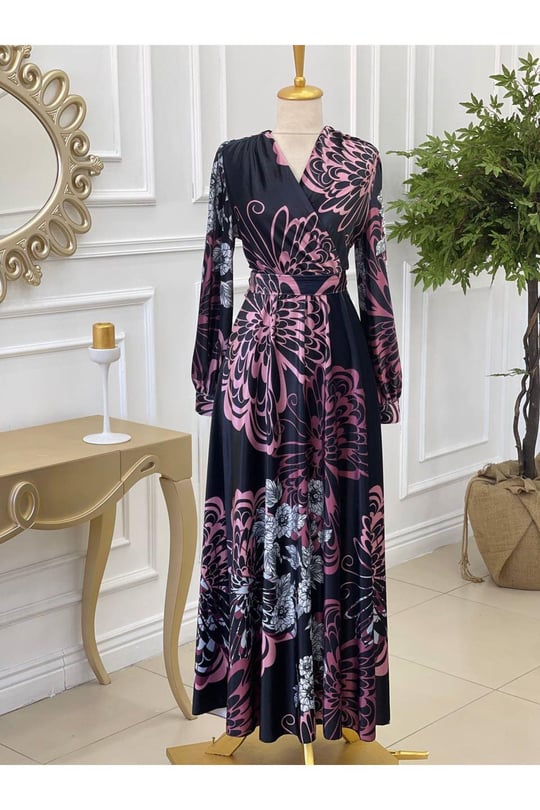 Kruvaze Desenli Kadife Elbise 3813 Siyah Rose