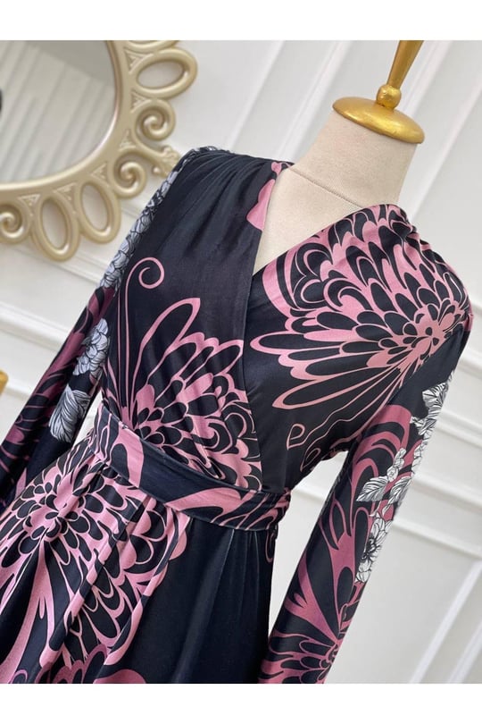 Kruvaze Desenli Kadife Elbise 3813 Siyah Rose