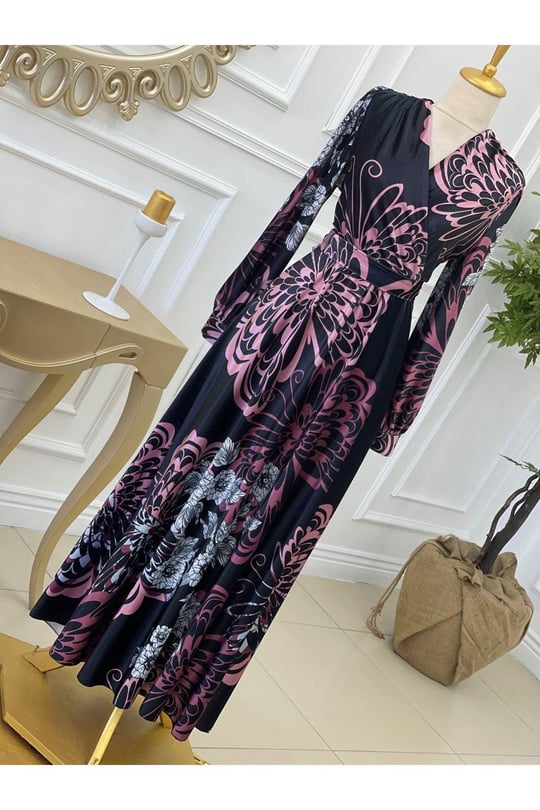 Kruvaze Desenli Kadife Elbise 3813 Siyah Rose
