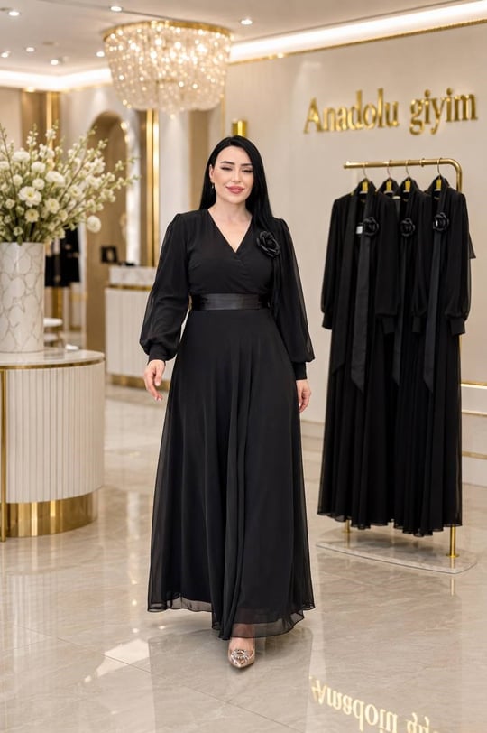 Kruvaze Saten Kuşaklı Elbise 0361 T-26 Siyah