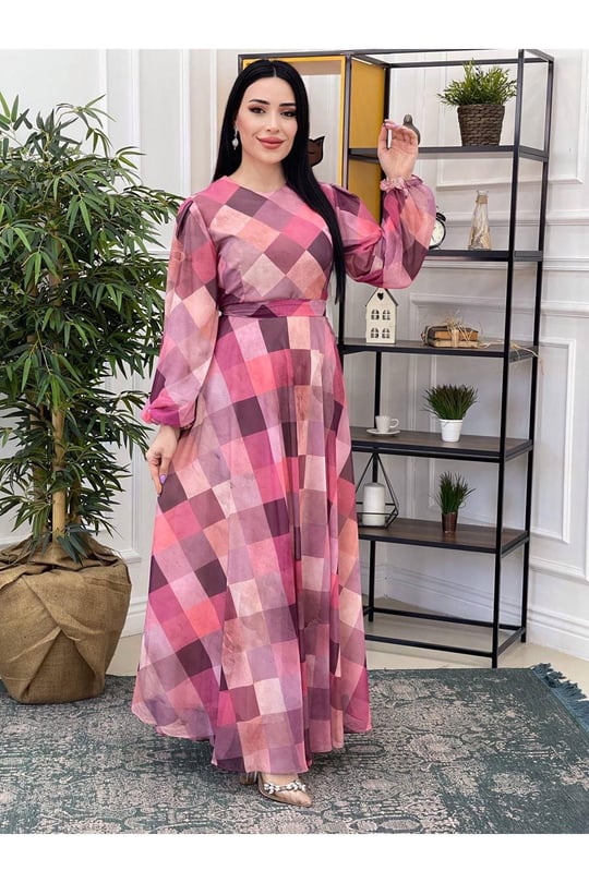 Küp Desen Şifon Elbise 3084 pembe