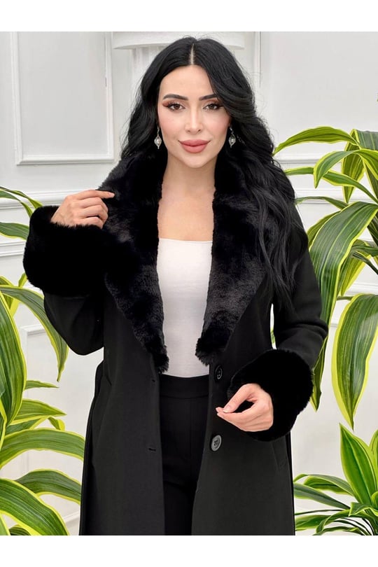 Kürk Detay Kaşe Kaban 3412 Siyah