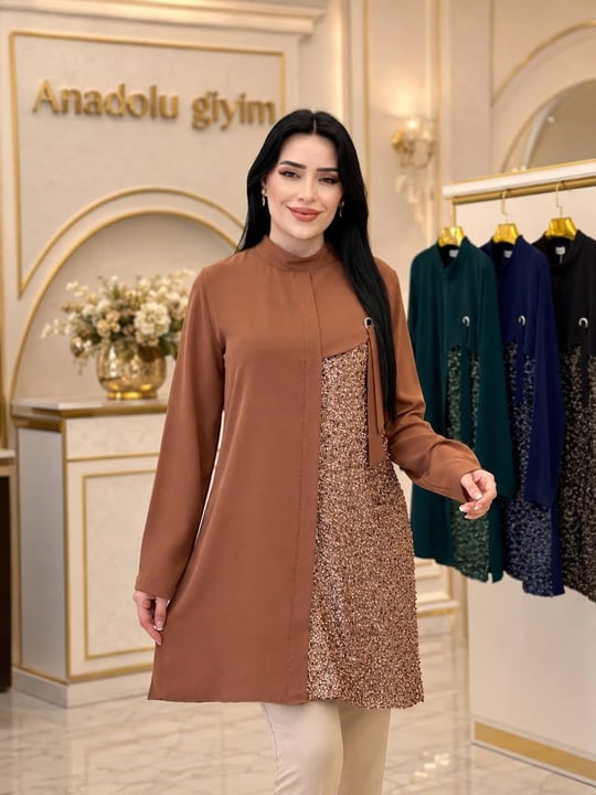 Kuş Gözü Fular İşlemeli Tunik 2201 T-26 Taba