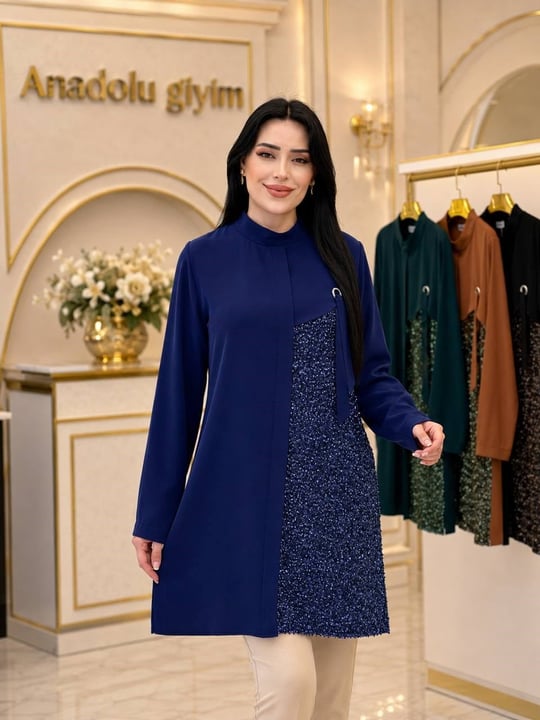 Kuş Gözü Fular İşlemeli Tunik 2201 T-26 Saks