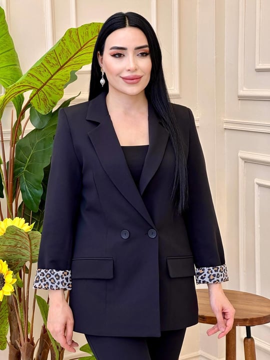 Leopar Astar Arkası Düğmeli Ceket 2144 C025 Siyah