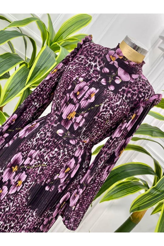 Leopar Çiçek Pilise Elbise 4034 Lila