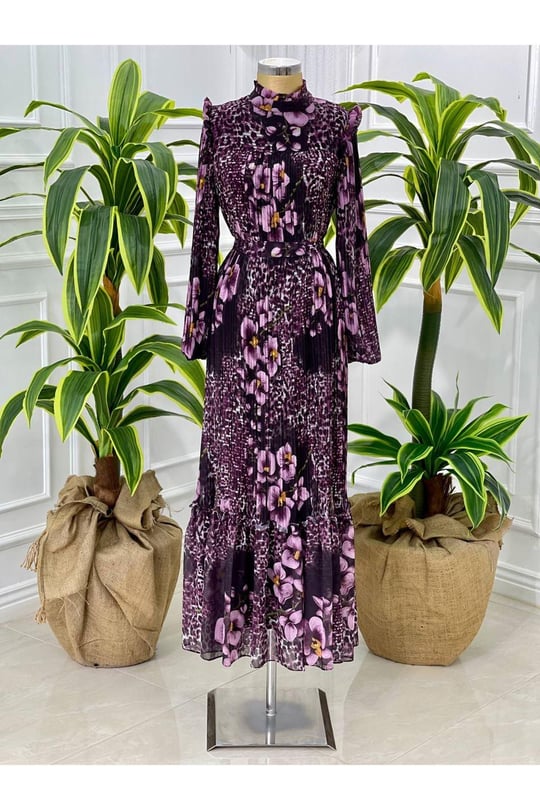 Leopar Çiçek Pilise Elbise 4034 Lila