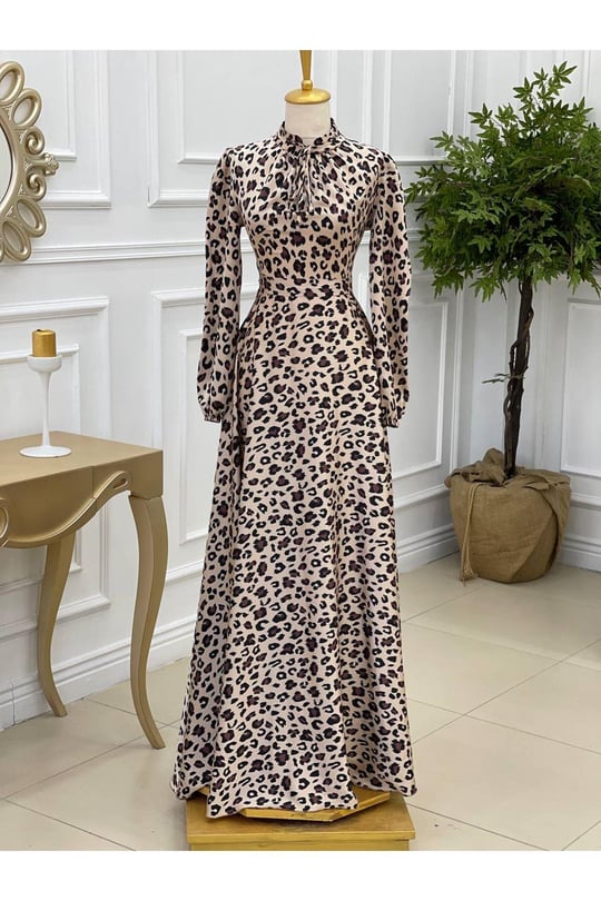Leopar Saten Elbise 2932 Bej