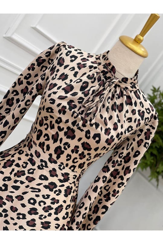 Leopar Saten Elbise 2932 Bej