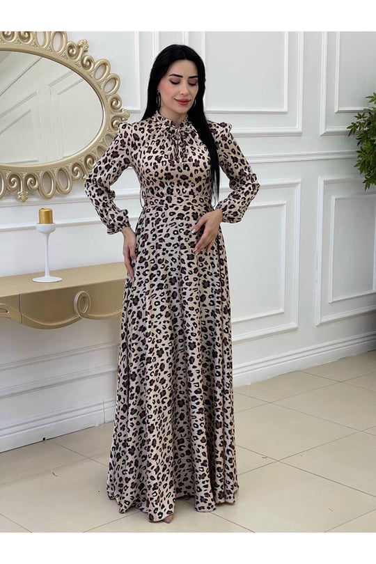 Leopar Saten Elbise 2932 Bej
