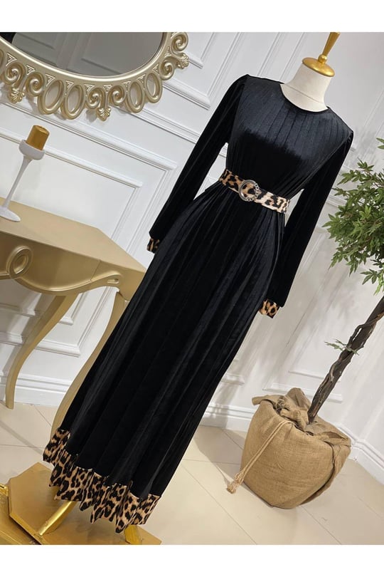 Leopar Şerit Kadife Elbise 3745 Siyah