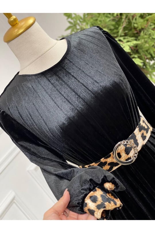 Leopar Şerit Kadife Elbise 3745 Siyah