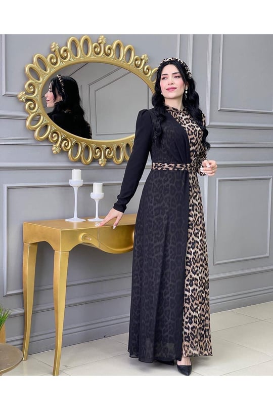 Leopar Şifon Kapak Elbise 3243 Siyah