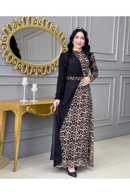 Leopar Şifon Kapak Elbise 3243 Siyah