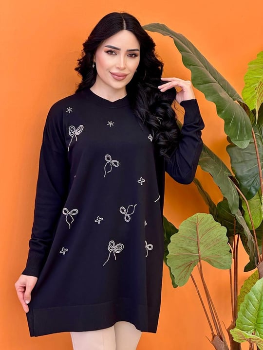 Merserize Fiyonk Boncuklu Tunik 140322 T-25 Siyah