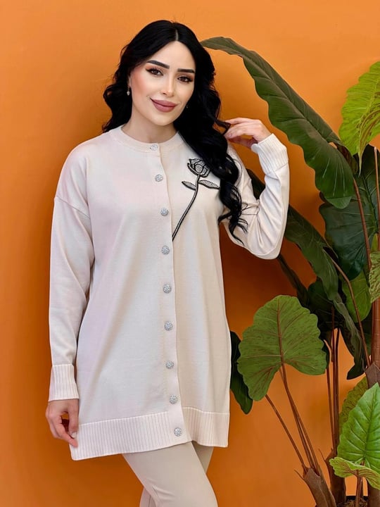 Merserize Göğüs Çiçek Motifli Hırka 140342 T-25 Ekru