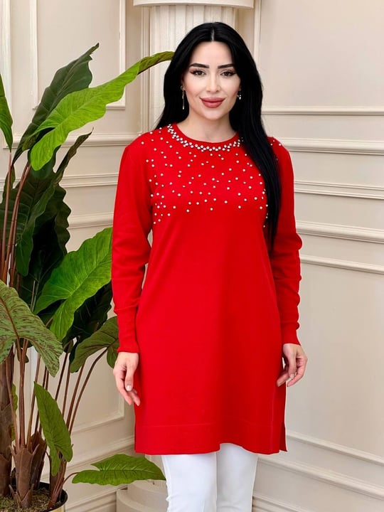 Merserize İncili Taşlı Tunik 140165 t-24 Kırmızı