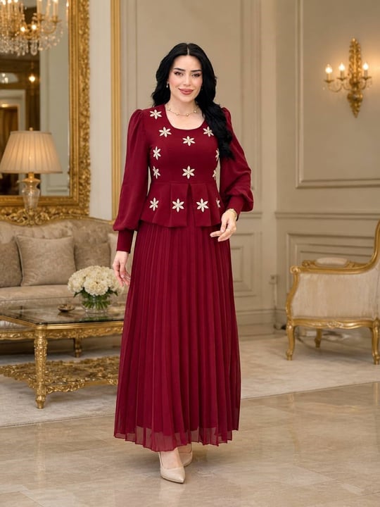 Nakış Çiçek Şifon Elbise 7145 T-26 Bordo