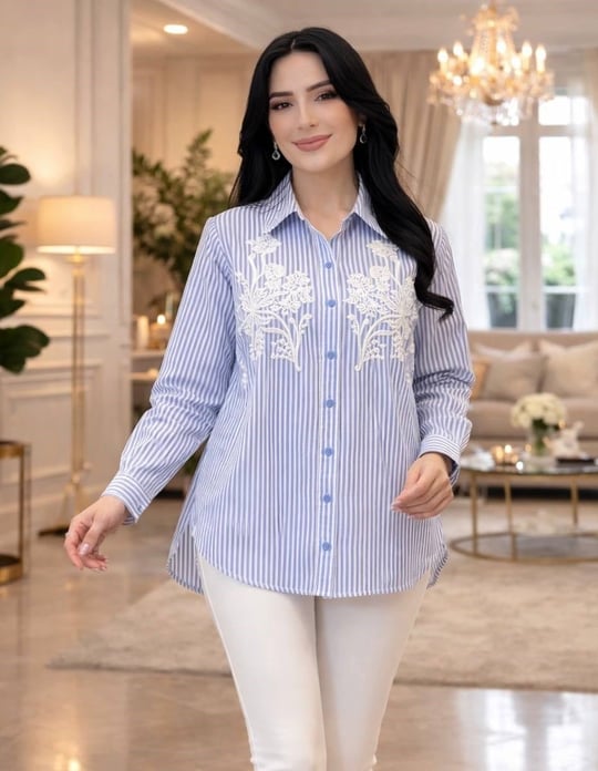 Nakışlı Çizgili Gömlek 255358 T-26 Mavi