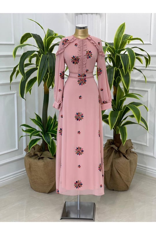 Nakışlı Omuz Dantel Elbise 3576 pembe