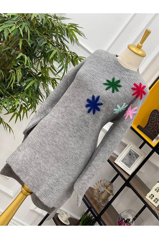 Omuz Çiçekli Tunik 7406 Gri