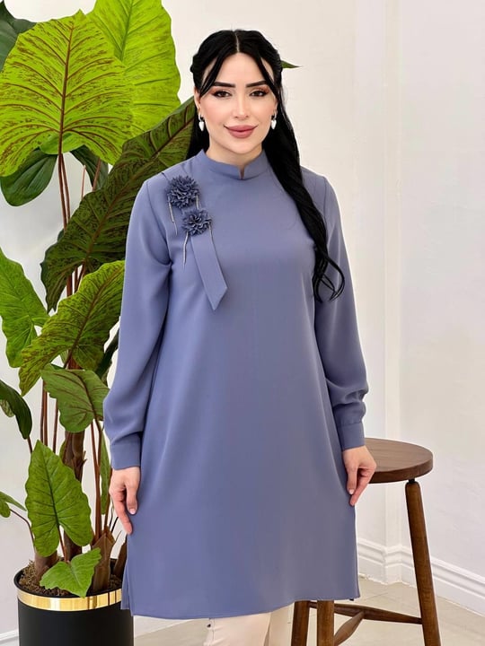 Omuz Çift Çiçek Tunik 2140 Gri
