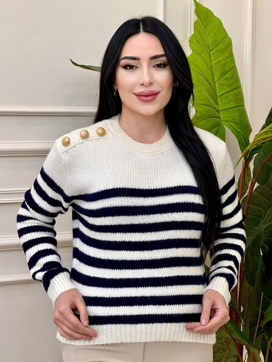 Omuz Düğme Çizğili Kazak 3173 t-24 Ekru
