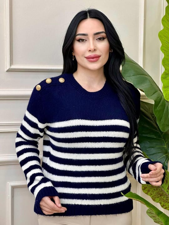 Omuz Düğme Çizğili Kazak 3173 t-24 Lacivert