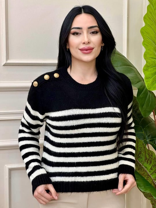 Omuz Düğme Çizğili Kazak 3173 t-24 Siyah