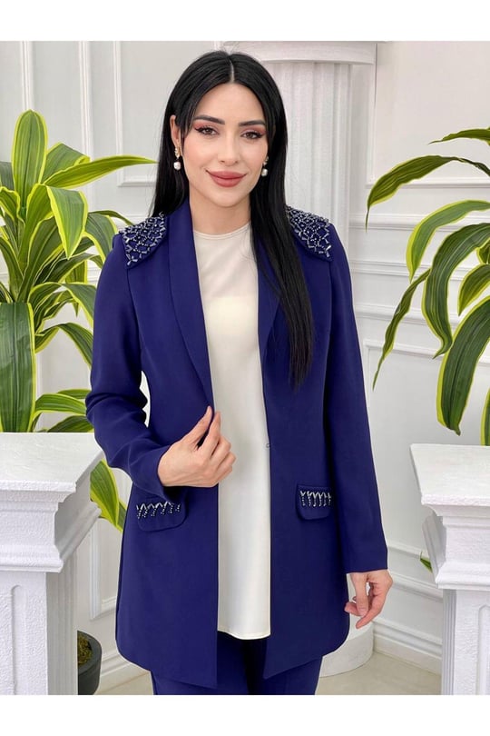 Omuz İşleme Ceketli Takım 5724 Saks