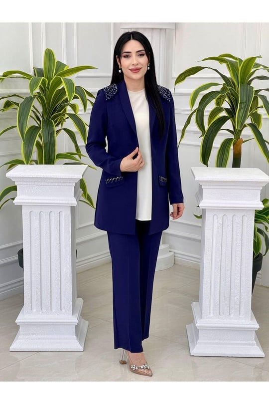 Omuz İşleme Ceketli Takım 5724 Saks